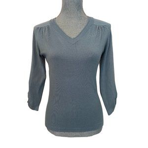 Simon Chang V-Neck Knit Sweater 3/4 Ruching Sleeve Blue Size Small